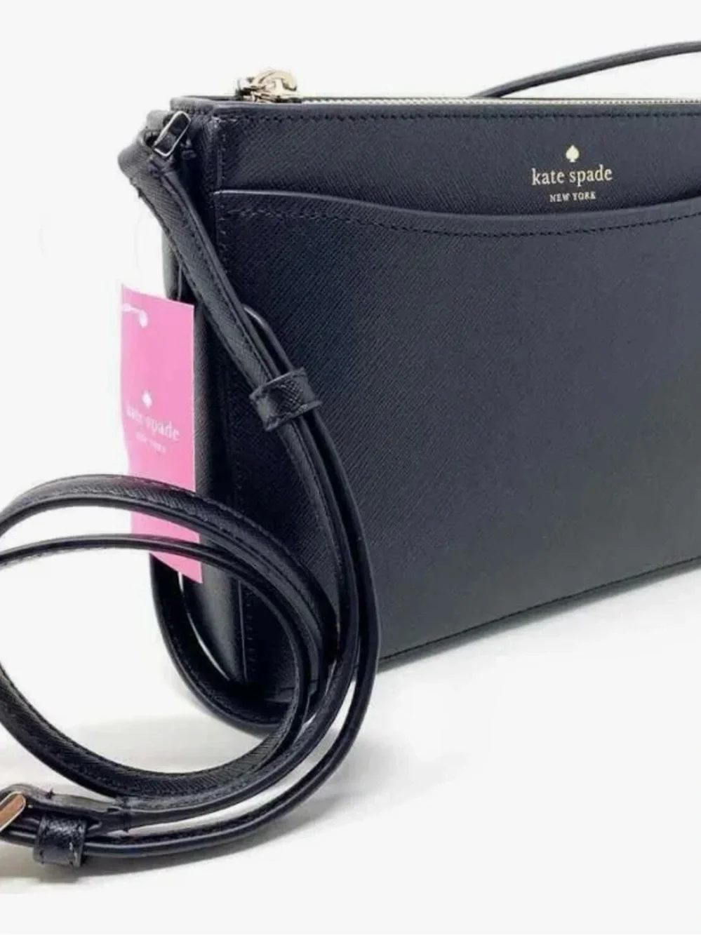 kate spade black safiano crossbody with gold-tone logo